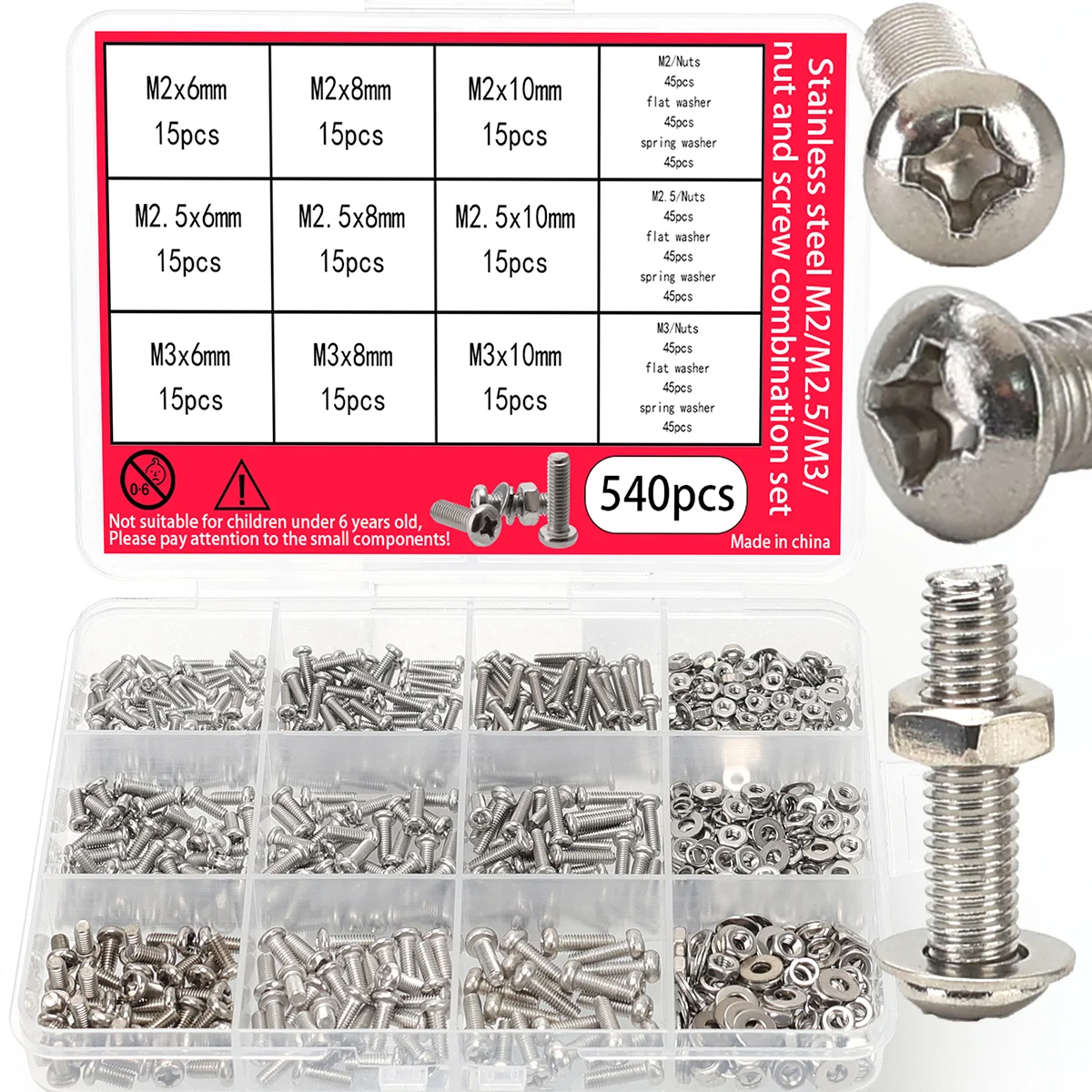 540pcs-Stainless Steel Screw and Nut Set, Including M2, M2.5, and M3 Phillips Head Screws, Nuts, and Washers; Miniature Screws.