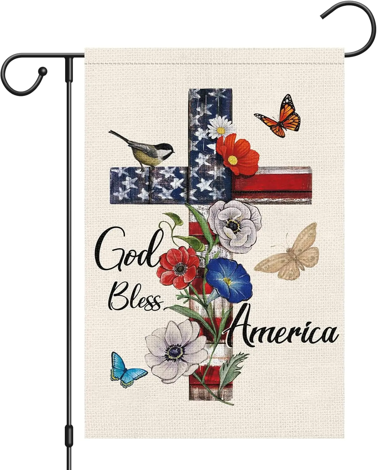 God Bless America 4th of July Garden Flag 12x18 Inch Double Sided, Patriotic Memorial Day Religious Cross Garden Flags Independe