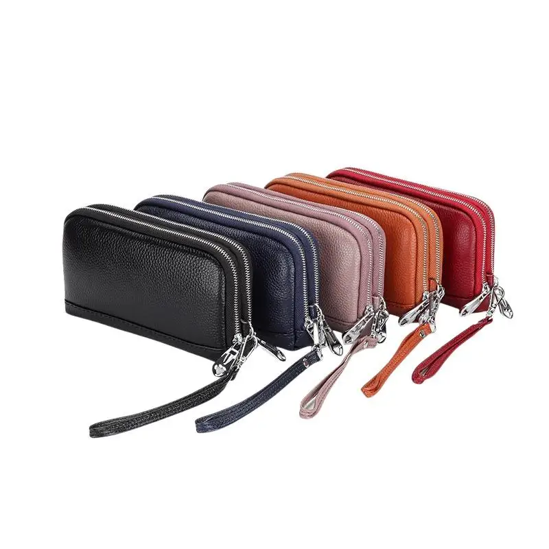 Damen-Langbörse aus echtem Leder, Handgelenktasche, Clutch, 2-lagige Reißverschluss-Geldbörse, Handytasche, Geldbeutel – Detail 6