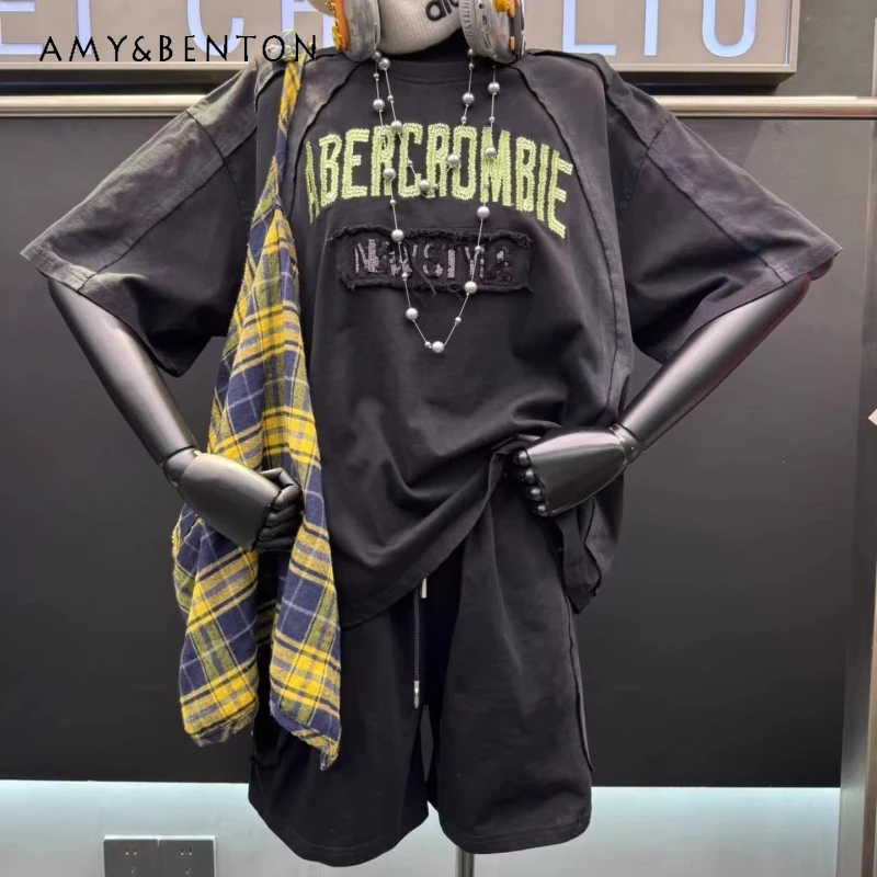 

Summer Premium Embroidered Letter Short-sleeved T-shirt Women's Loose Fit Casual Couple Ins Style Top And Shorts 2-piece Set