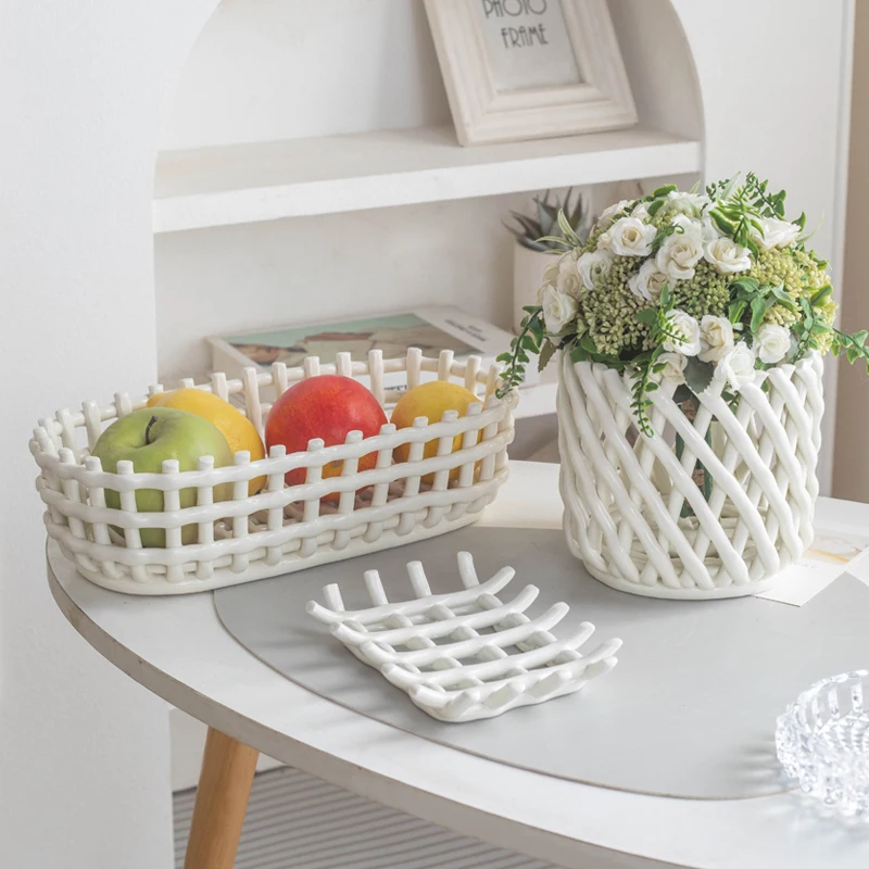 Ceramic Hand-woven Storage Basket Fruit Bowl Kitchen Chopsticks Drain Rack Snack Tray Home Decoration Decorative Basket