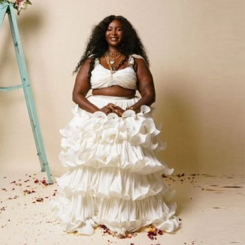 Bonito vestido de fiesta blanco de dos piezas, Top con forma de corazón y falda escalonada con volantes de satén, vestido de mujer para fiesta hasta el suelo, ropa Formal