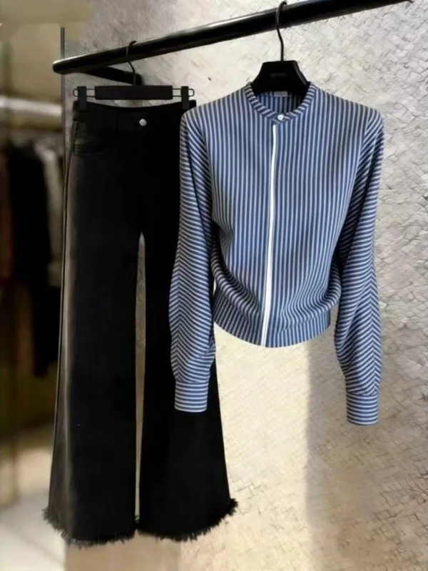 

Comfortable Skin-Friendly Striped Long Sve Denim irt Set Spring 2026 Korean Sle Faionable Youthful Versatile Women's...