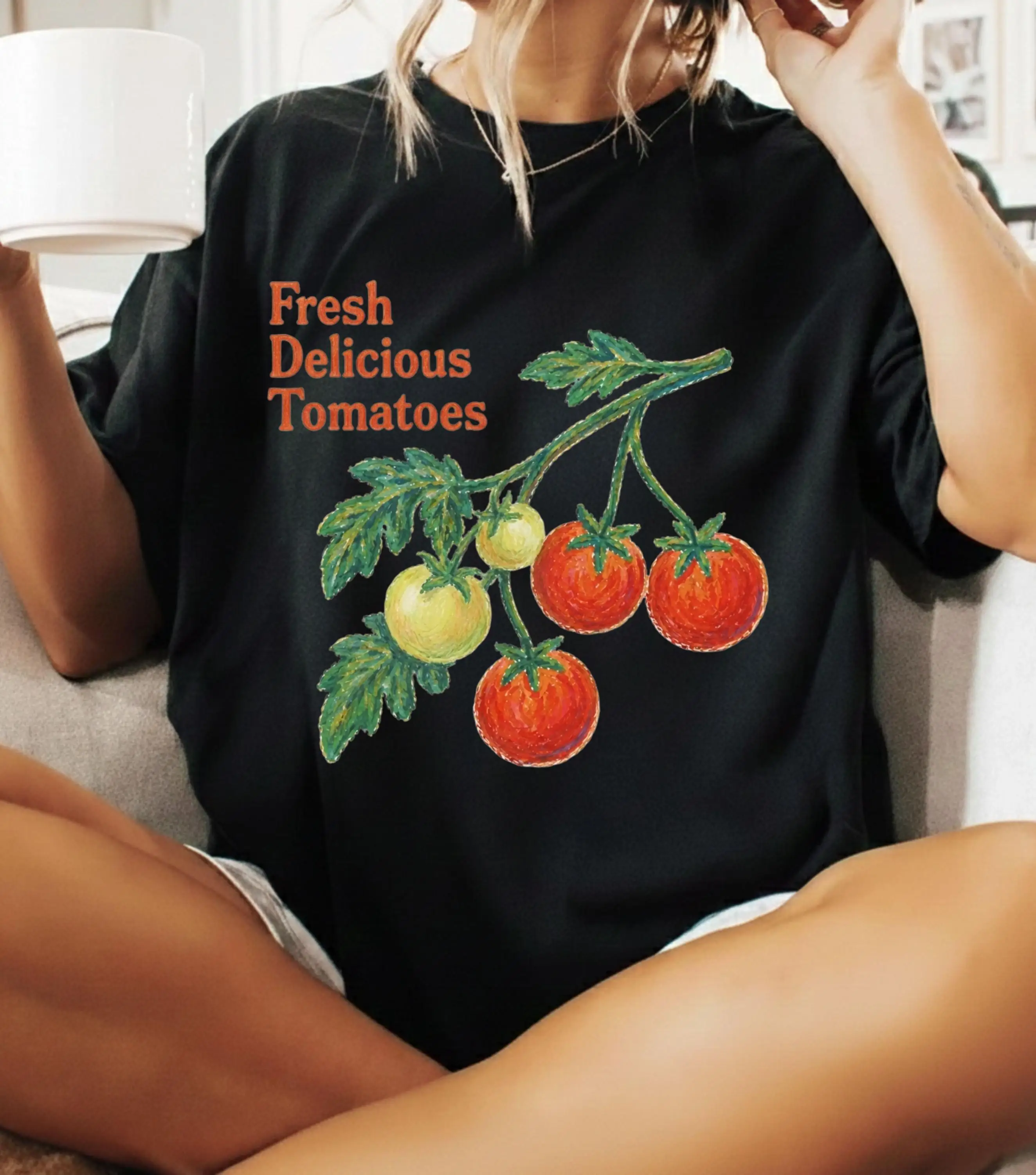 Summer Women's Fresh Delicious Tomatoes  Print T-shirt Streetwear Oversized Loose Casual Short Sleeve Suitable for All Seasons