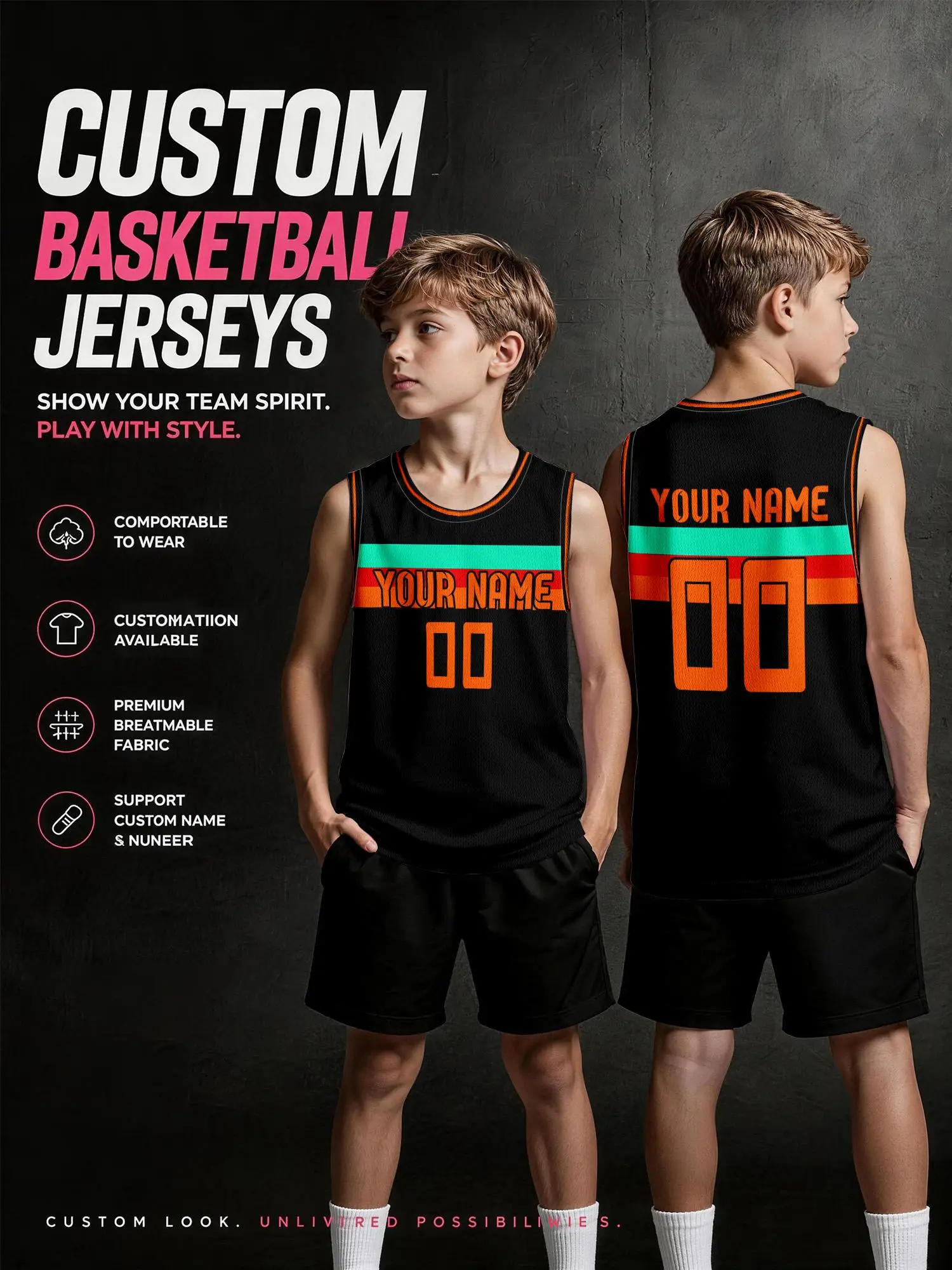 Custom Black Basketball Jersey With Green‑Orange‑Red Stripe, Adult & Kids Team Uniform, Print Name Number