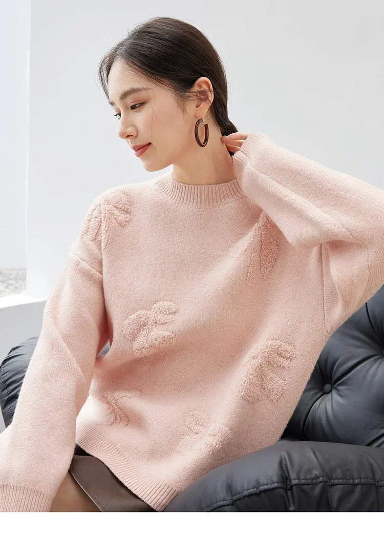 SENTUBILA Pink Jacquard Knitted Pullovers for Women Winter 2024 Wool Loose Fit Round Neck Sweet Long Sleeve Top Ladies W44E57235