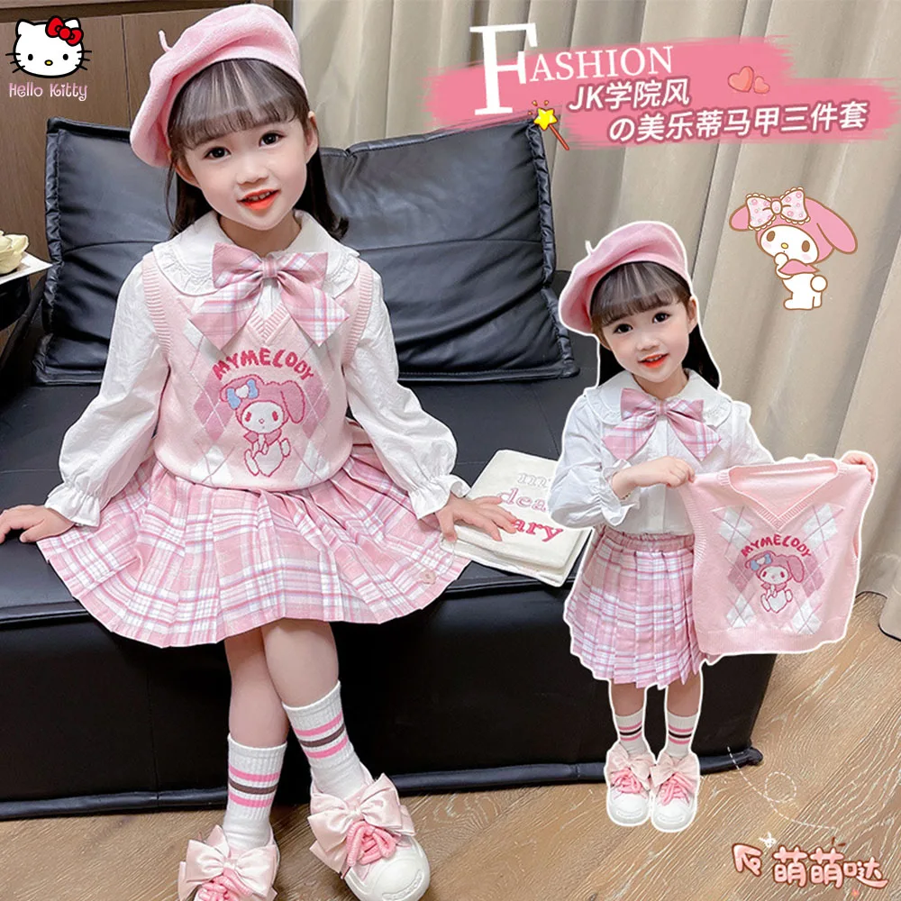 

Sanrios Cinnamoroll Girl Kids Set Anime Spring Kuromi Melody Fashion Kawaii Sweet College Style Vest Sweater Shirt Pleated Skirt