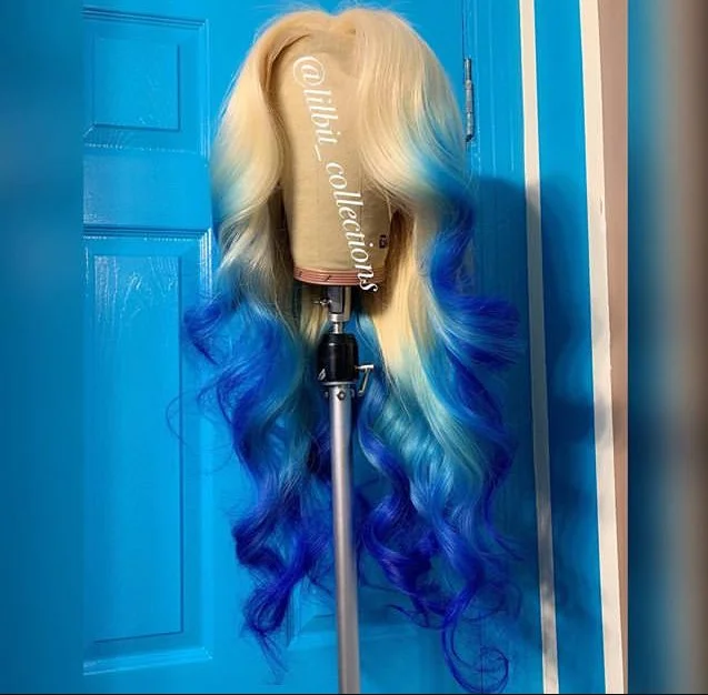 613 Blonde Ombre Blue Wig Long Wavy Wig Middle Part 26 Inch 13x4 Hd Heat Resistant Glueless Synthetic Wigs for Daily Party Use