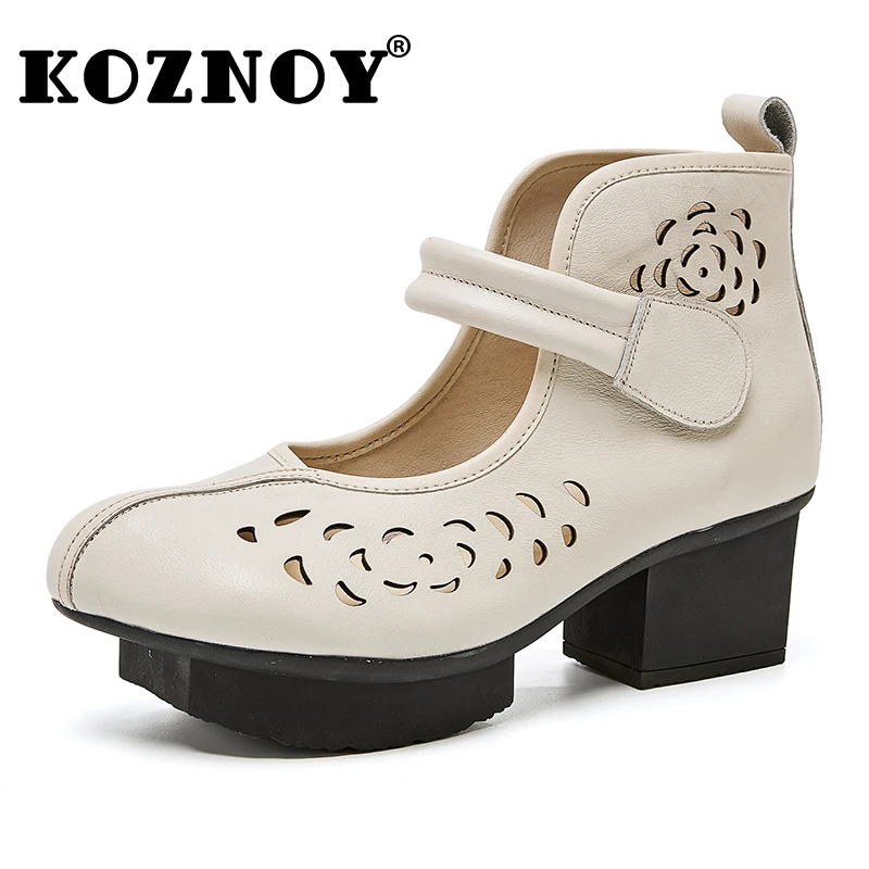 

Koznoy/Винтажные туфли-лодочки из натуральной кожи в британском стиле, удобные ботильоны с полым крючком, модная женская летняя обувь на массивном каблуке в консервативном стиле