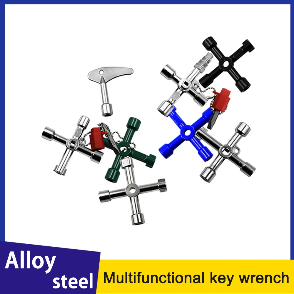 Llave cruzada para ascensor de coche, herramienta multiusos portátil, llave de válvula de medidor de agua, triángulo interno, azul y verde, armario