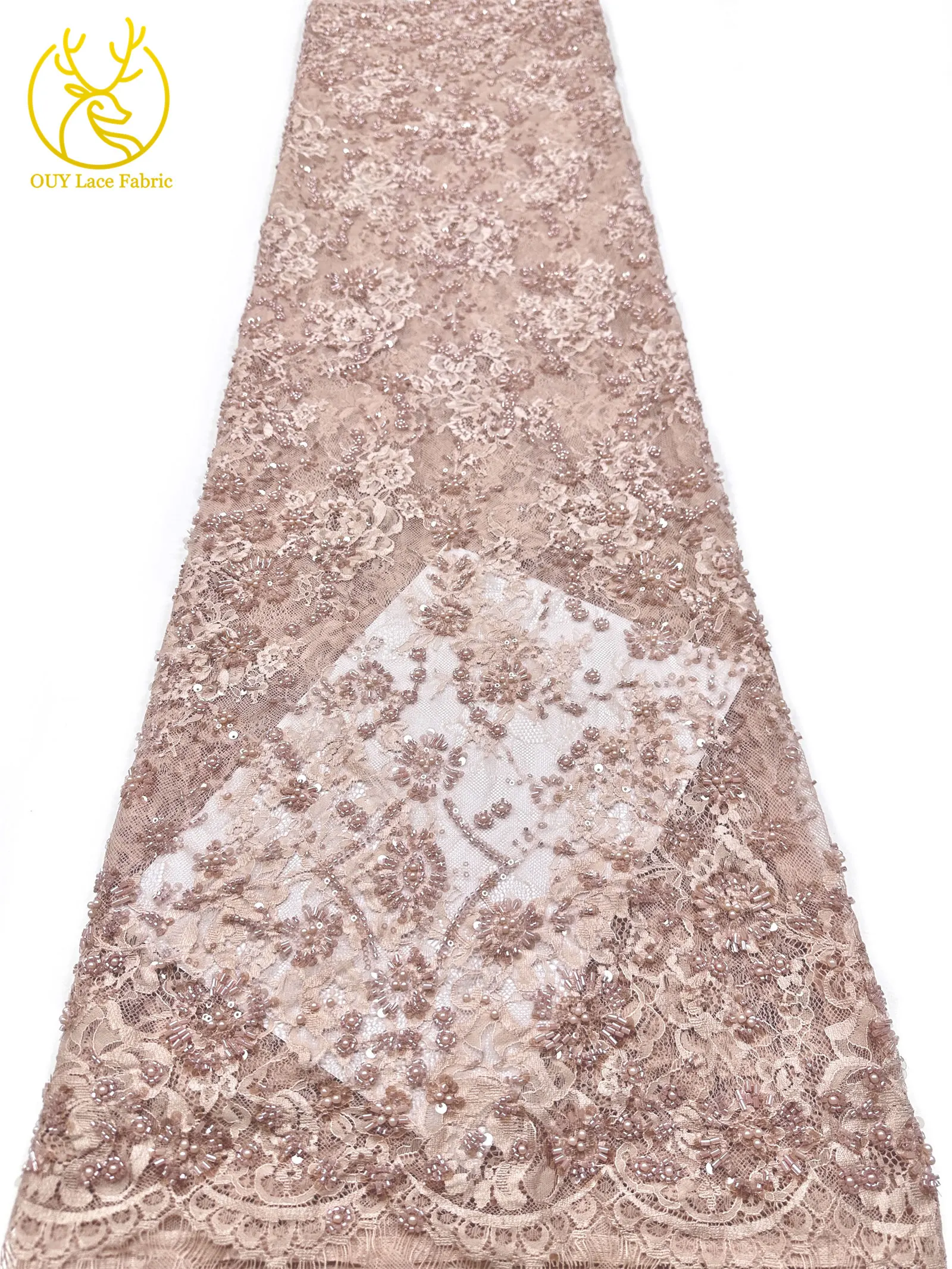 3 Meter exquisiter Perlen-Spitzenstoff, afrikanischer Spitzenstoff mit Pailletten und verstreuten Blumenstickereien zum Nähen von Brautkleidern – Detail 15