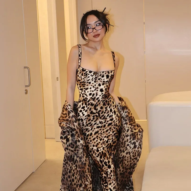Sexy Leopard Print Bodycon Long Dress Women 2025 Summer Fashion Slim Sleeveless Strap Off Shoulder Party Maxi Dresses Elegant