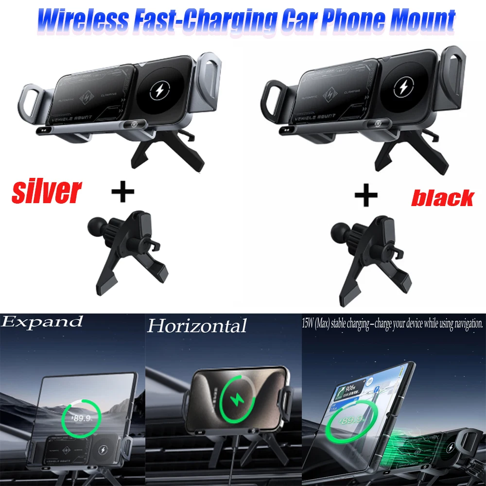 15W Wireless Charging Car Phone Holder Electric Clamping Air Vent Mount Bracket Foldable Phone Auto Fast Charger