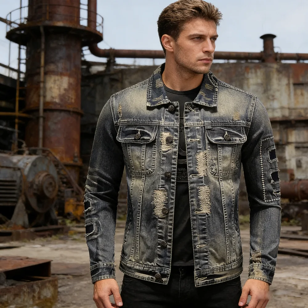 Spring Autumn Men's Denim Jackets Fashion Men Multil-Pocket Biker Jeans Jackets Men Windbreaker Button Washed  Denim Coats