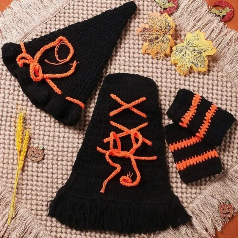 U13F زي الساحرة لحديثي الولادة للاحتفال بالهالوين حياكة الطفل صور الدعائم الزي لجمع الأسرة بدلة التصوير