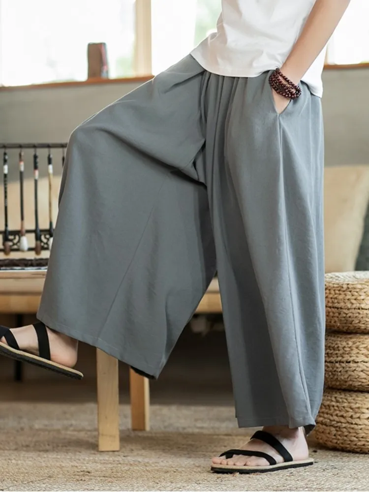 

Мужские летние свободные брюки-кюлоты из льняной ткани с эффектом охлаждения, укороченные, в новом китайском стиле, повседневные прямые брюки