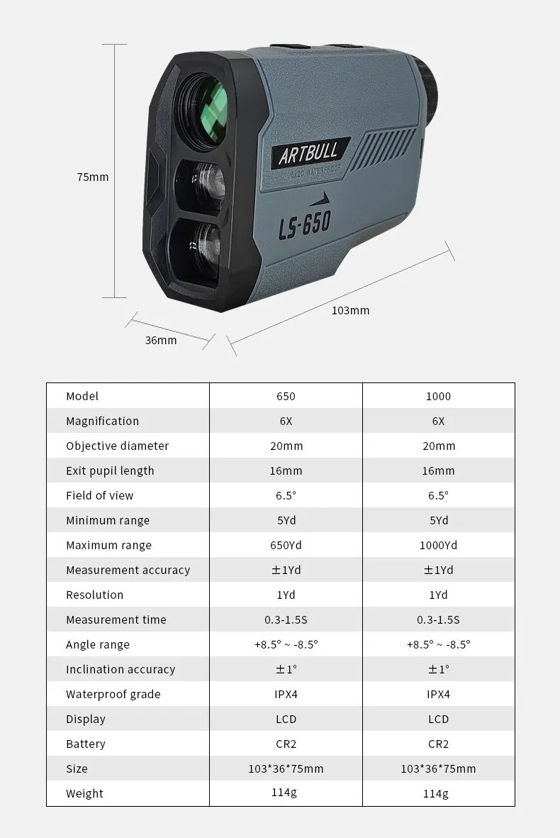 Télémètre Laser ARTBULL pour la Chasse et le Golf – Portée de 650m, avec Compensation de Pente, Verrouillage du Drapeau et Visée Précise