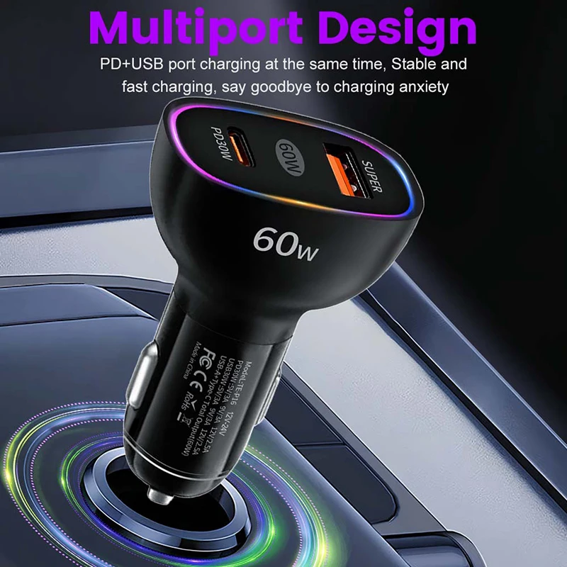 60W USB C Car Charger with LED Light Dual Port PD 30W and USB A Fast Charging Adapter Fits 12-24V Cars Smart Protection