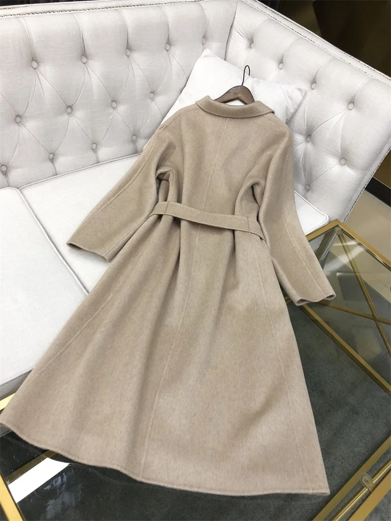 High-end Double-sided Water Ripple 100% Cashmere Coat for Women Lapel Neck Long Bathrobe Style Autumn Winter Outerwear