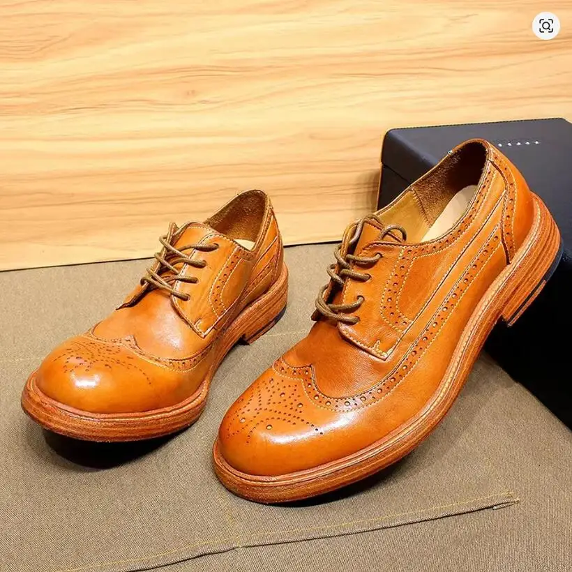 

Goodyear Handmade Stitched Men's Derby Dress Shoes Soft Calfskin Genuine Leather Wingtip Brogue Comfortable Casual Footwear