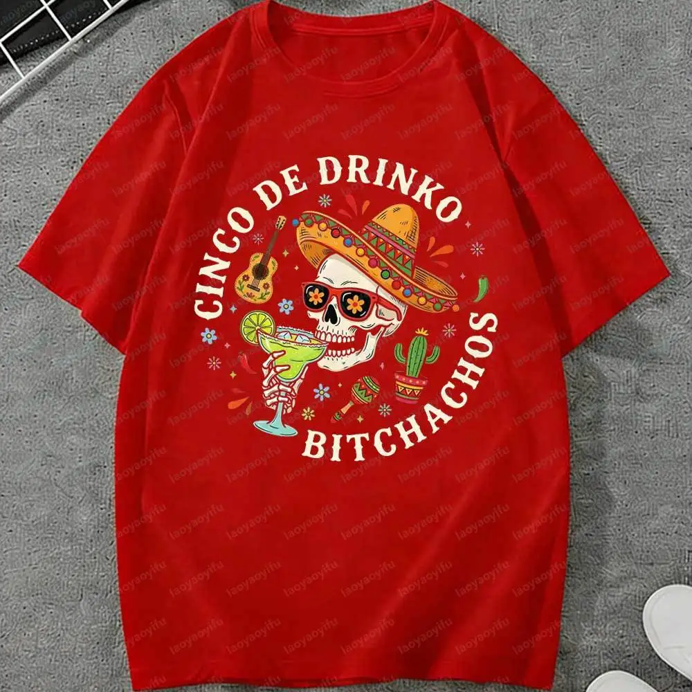 Cinco De Mayo Cinco De Drinko Skull T-Shirt Mexican Sombrero Margarita Fiesta Graphic Tee Unisex Cotton Short Sleeve Casual Tops