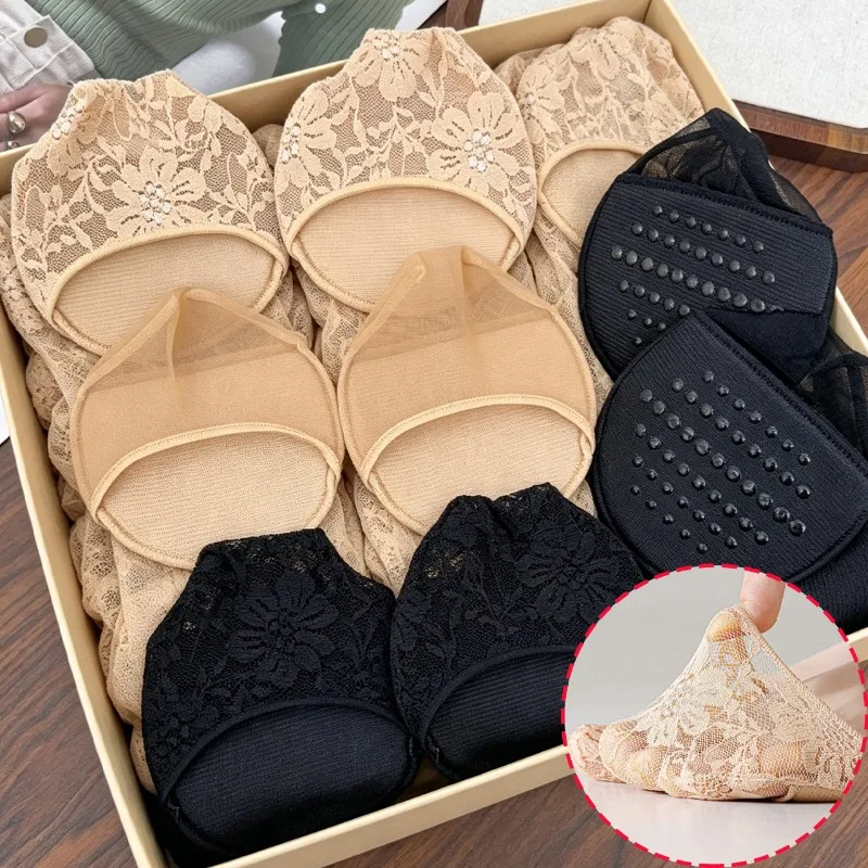 20pcs High Heels Half Length Socks Women's Summer Thin Lace Mesh Breathable Half Drag Shallow Mouth Invisible Anti Slip Forefoot