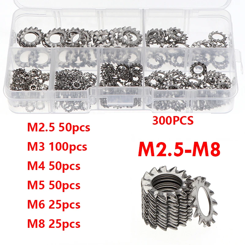 300pcs  304 stainless steel outer serrated lock washer set anti-loosening flat gasket M2.5-M8