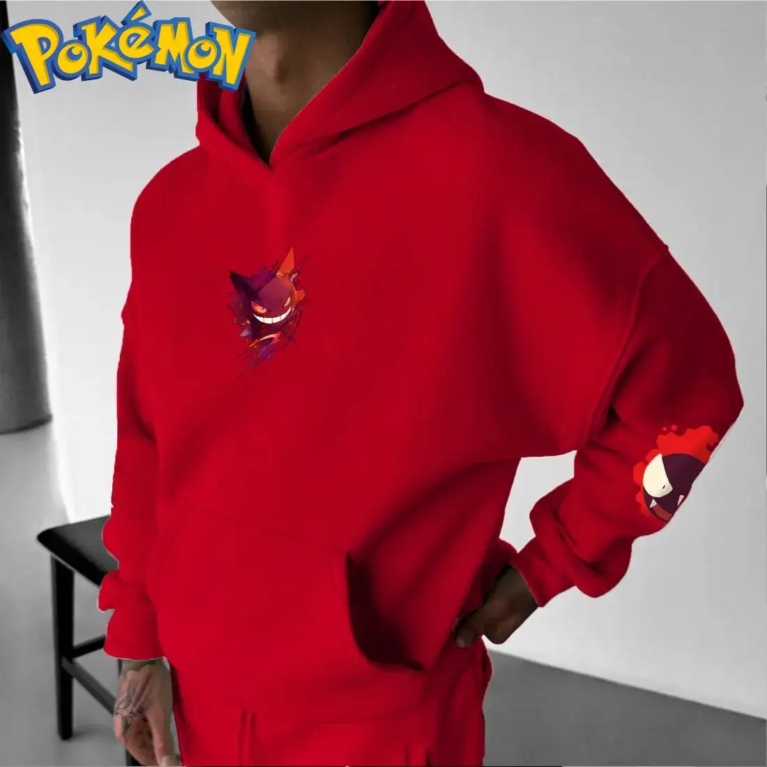 Pokemon anime gengar algodão hoodie harajuku calças conjunto vermelho roxo fantasma padrão duas peças roupa casual streetwear