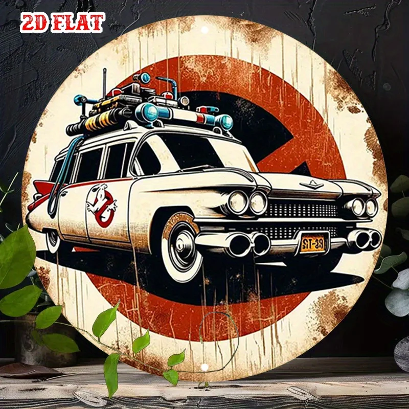 2D Flat, 1pc Ghostbusters Ecto-1 Retro Metal Sign - Iconic 80s TV/Movie Logo, 19.81cm Round Aluminum Wall Art for Home,