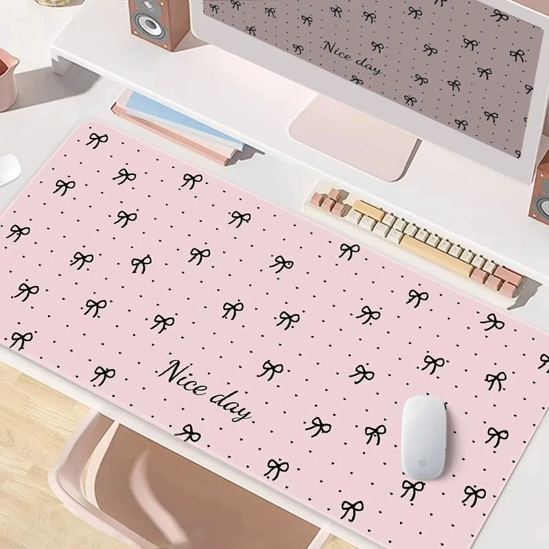 Cute Retro Polka Dot Bow Stripe Pink Pu Leather Mouse Pad Waterproof Desk Mat Protective Game Keyboard For Dorm Vanity Table Mat