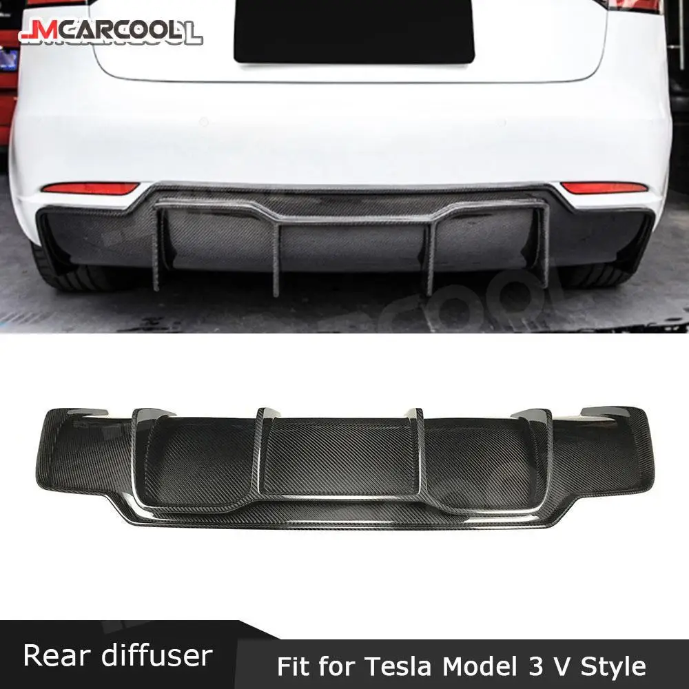 Dry Carbon Fiber Rear Bumper Lip Diffuser FRP Prime Bumper Covers Protector Shark V Style For Tesla Model 3 2018-2020