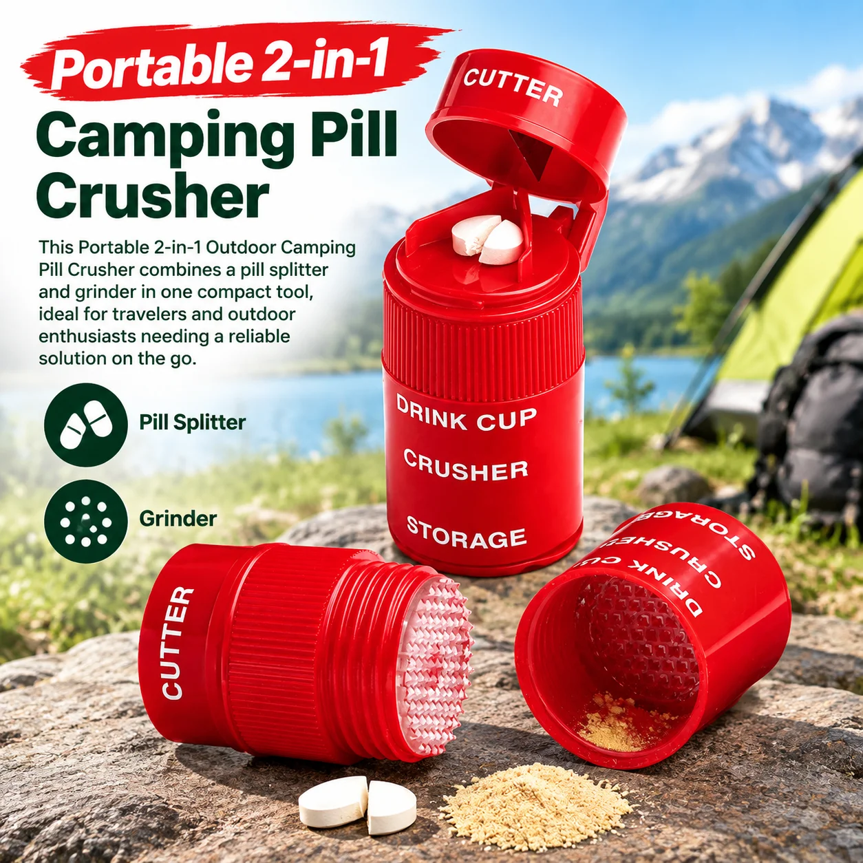 2-in-1 Portable Medicine Grinder with Tablet Shredder Suitable for Vitamins Tablets Travel Compact Device Medication Management