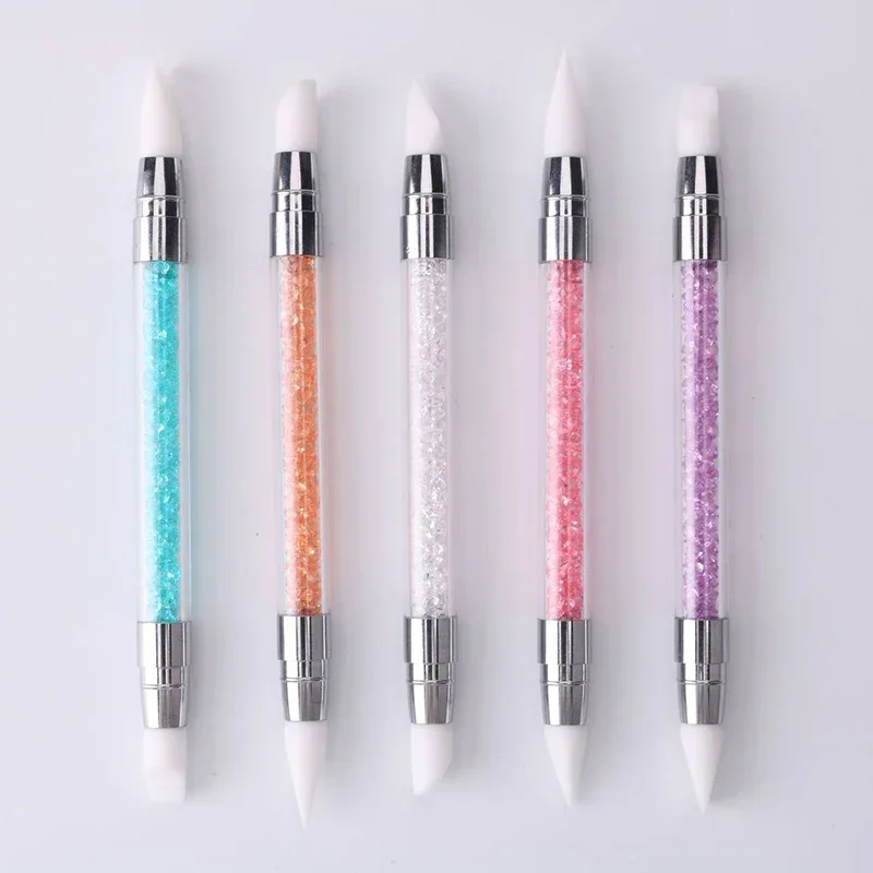 1 pieza de bolígrafo de doble punta con cabeza de silicona para tallar y puntear, pinceles para arte de uñas, herramienta con mango de cristal para manicura DIY en gel 5