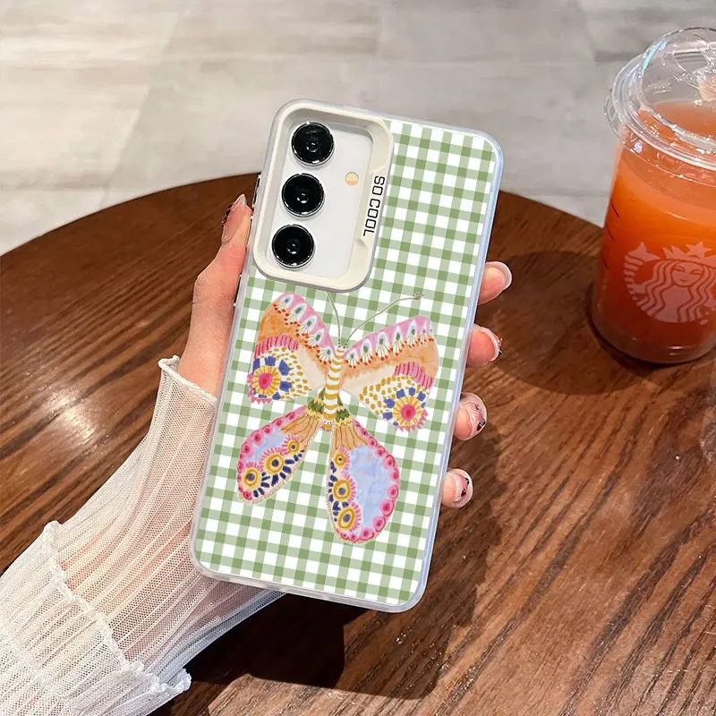 For Samsung Galaxy S25 S24 S23 S22 Ultra Plus S21 S23 S24 FE Laser Phone Case Ins Striped Grid Pattern Animal Butterfly Covers