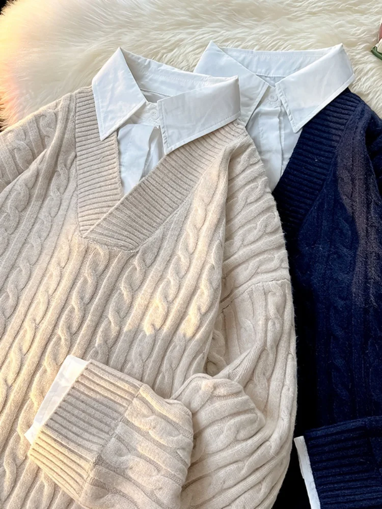 

Loose Men's Knitted Sweater with irt Collar Autumn Winter Faion Brand Twist Outerwear Soft Comfortable Polyester Blend