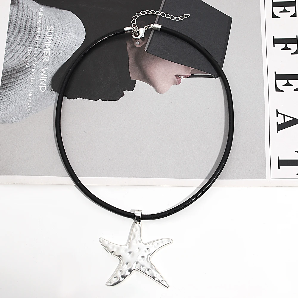 

Amorcome Fashion Hammered Metal Starfish Charms Necklace for Women Bohomian Black Leather Rope Choker Sweater Chain Jewelry Gift