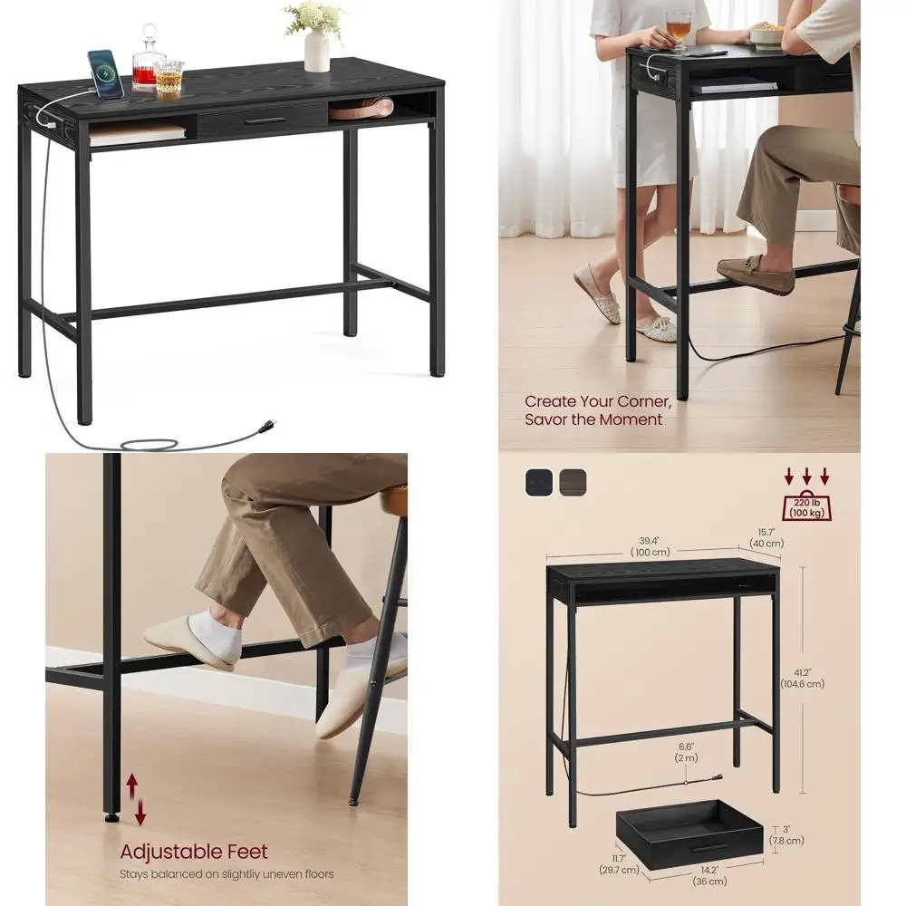 

Ebony Black Rectangular Bar Table, 39.4 High, with Power Outlets, Drawer, Hooks & Storage