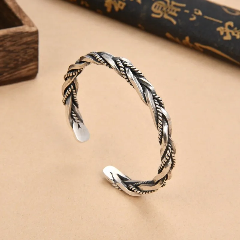 Silver S925 Vintage Braided Bracelet Men And Women, Fashionable Open Jewelry