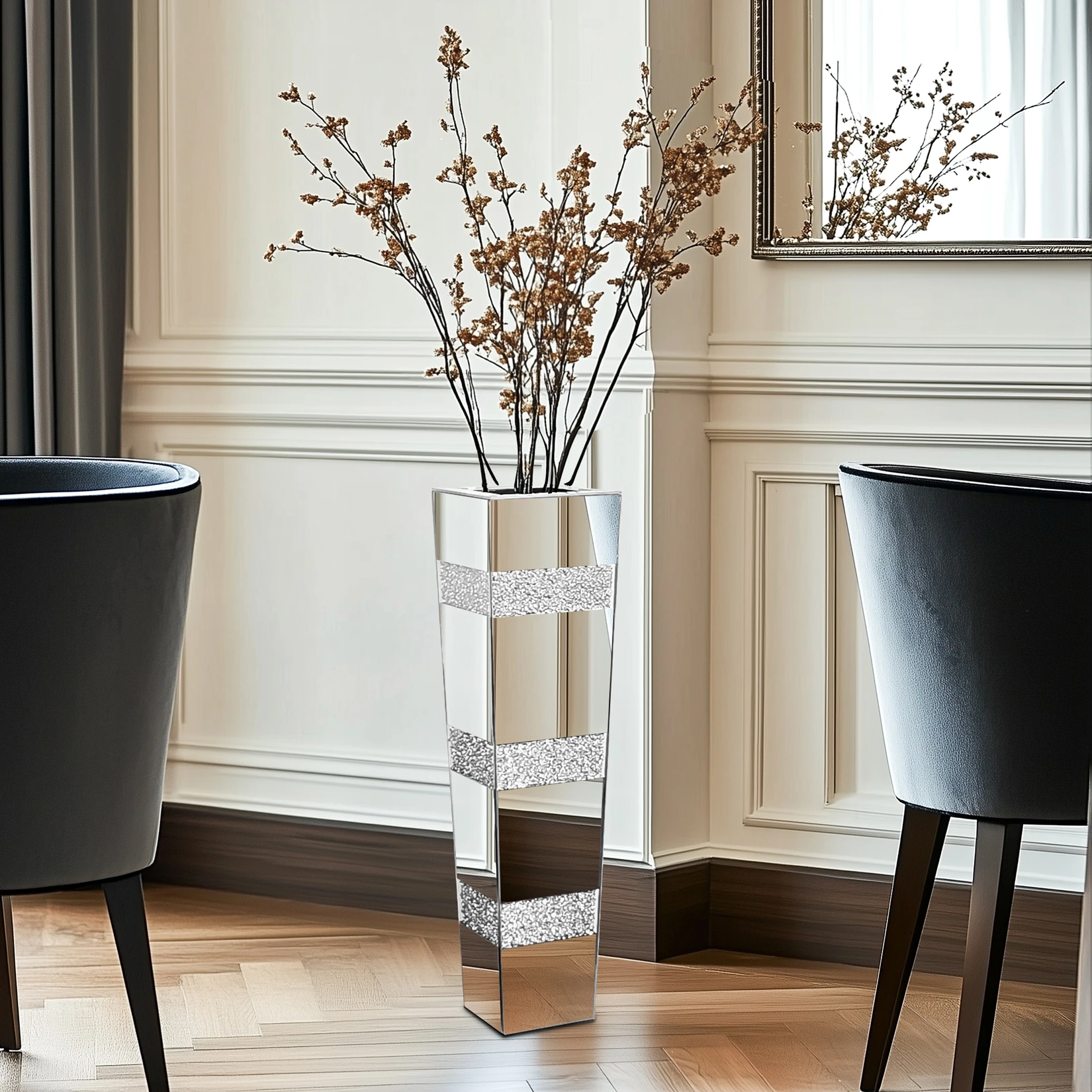 Tall Floor Flower Vase Crystal Diamond Decor Vase Mirrored Living Room Vase