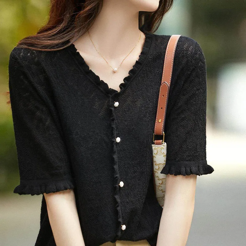 스웨터 니트 스웨터 여성 풀오버 패션 V넥 홀로우 니트 스웨터 풀오버 여성 탑 반팔 니트웨어 Q2790