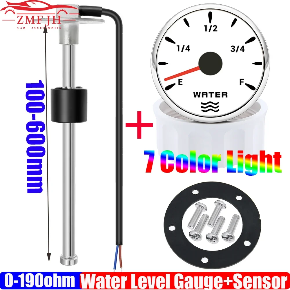 304 Stainless Steel Water Level Sensor+52mm Water Level Gauge 0-190 OHM Water Tank Meter 7 Color Light Waterproof IP67 for Car