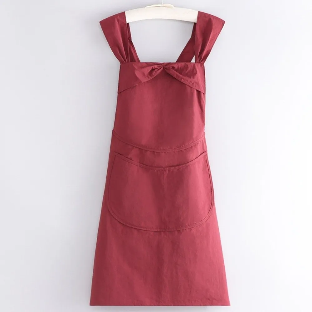 Functional Solid Color Women Apron Adjustable Bow Strap Large Pockets Kitchen Apron Long Length Anti-Stain Work Apron Home Use