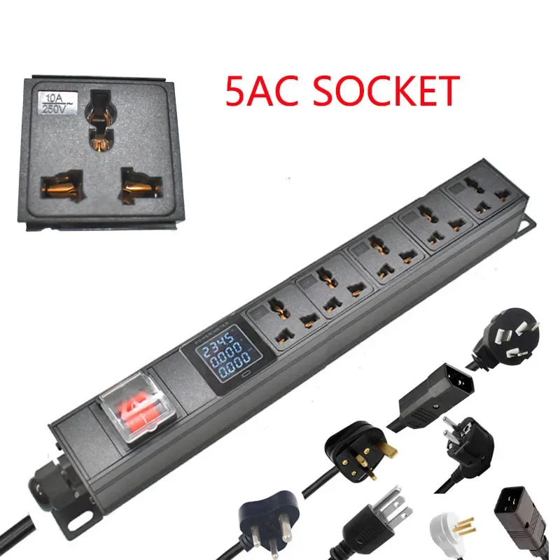 PDU power strip network rack 5AC 10A universal socket with digital display ammeter 2-meter extension cord