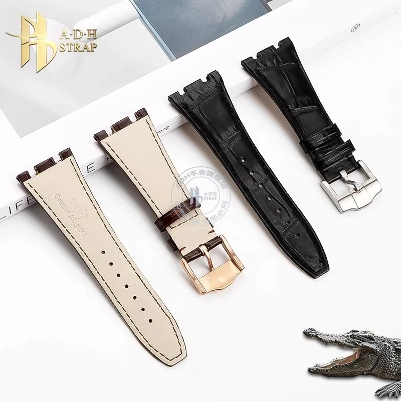 Crocodile Skin Strap for AP Watch 15703 15710 Genuine Alligator Belt Built in Steel Head Particles Watchband Black 26mm 28mm