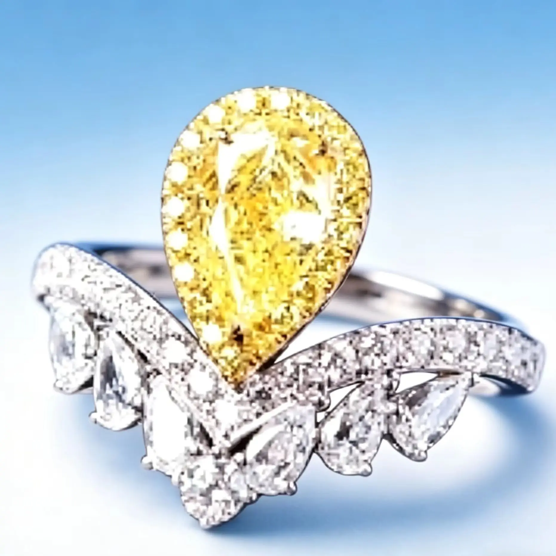 2026 Luxury Waterdrop Pear-Shaped Design - Large Yellow Diamond with Noble Charm -  Silver Open-ended Engagement Ring