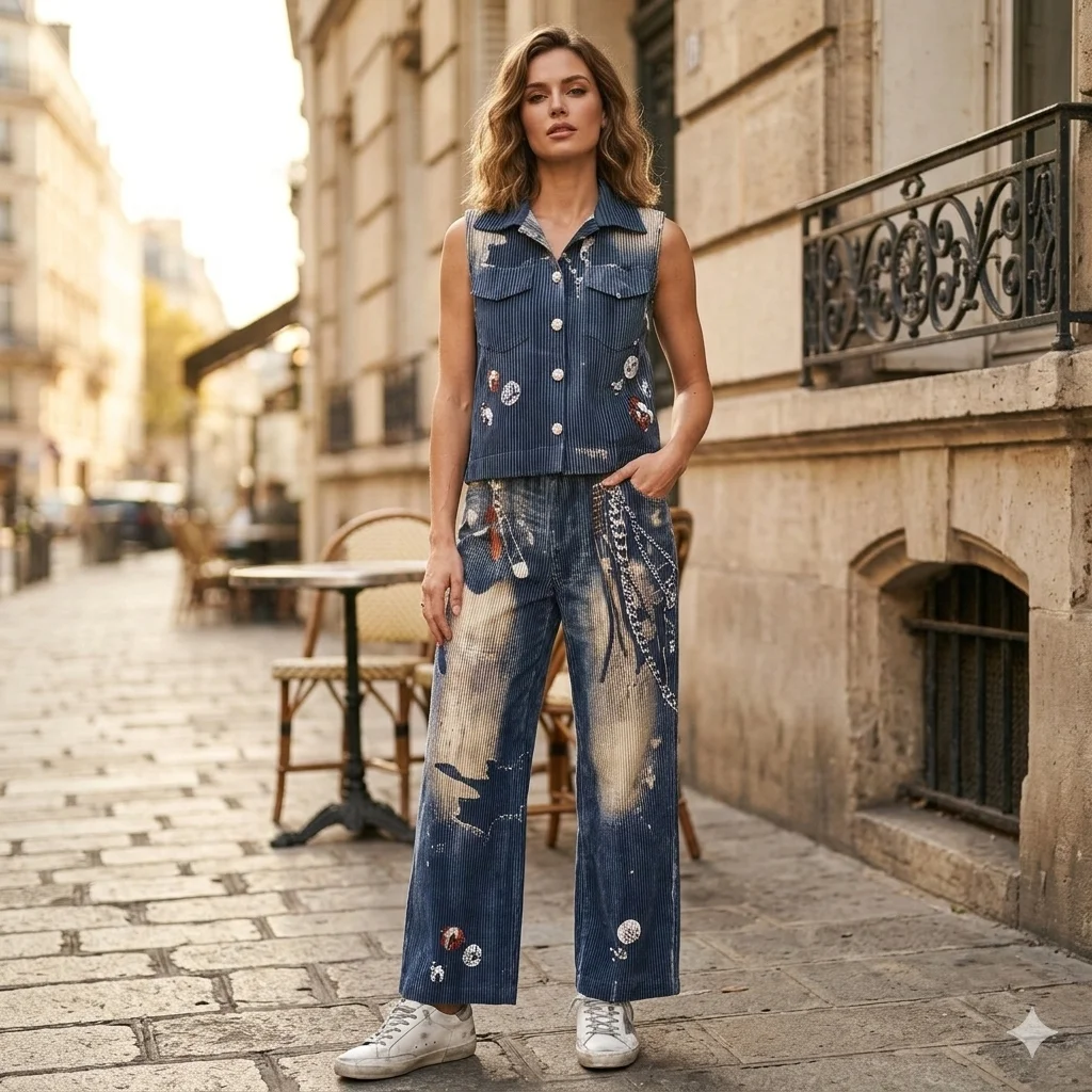 

Miyake Pleated 2026 Spring Collection American Vintage Denim Print Pleated Waistcoat Set Commuter Fashion Two-Piece Ensemble