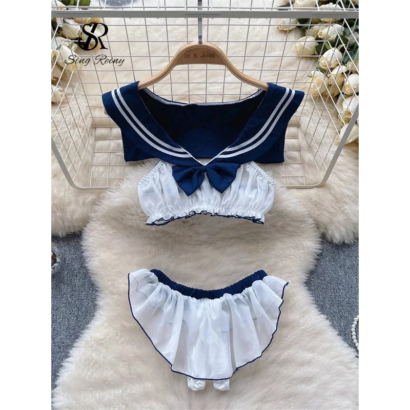 

SINGREINY 2023 Preppy Style Sweet Sexy Outfit Sailor Collar Sleeveless Short Top+Sheer Skirt Open Crotch Erotic Night Suits