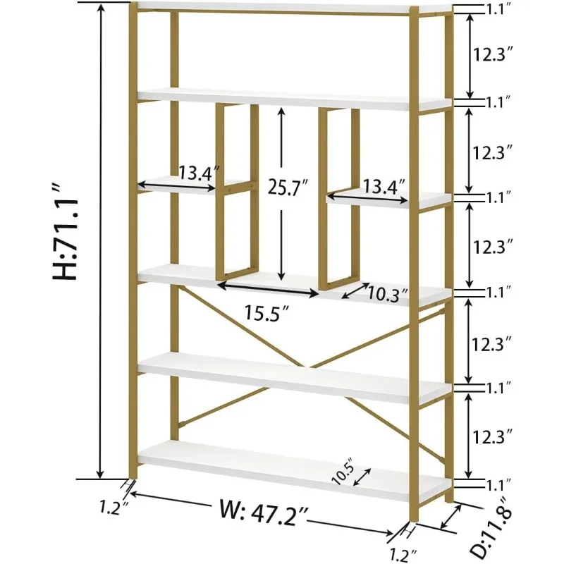 Gold Bookcase Organizer, Large Tall 6 Shelf Bookcase Organizer, Large Modern Metal Wooden 6 Shelf Bookcase