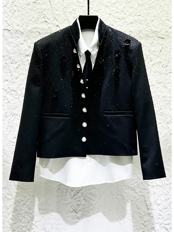 2025 الخريف الرجال حجر الراين تصميم ثلاثي الأبعاد زهرة دعوى مجموعات الرجال الراقية ضوء السترات الفاخرة السراويل قطعتين مجموعات