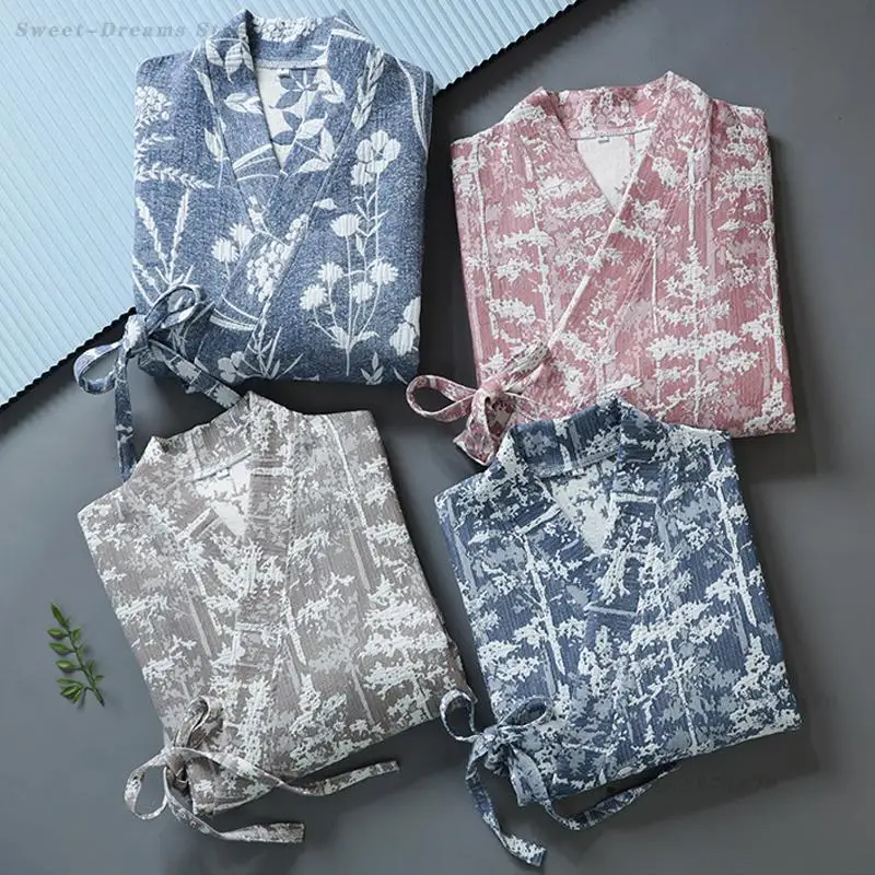 Spring Autumn Couple's Sleepwear Print Flower Japanese Kimono Yukata Cotton Nightwear Bath Robe Loose Casual Home Wear Nightgown